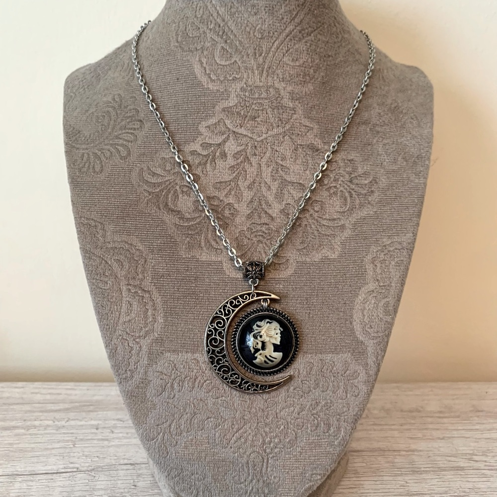 Moon & Skeleton Silhouette Cameo Silver Necklace